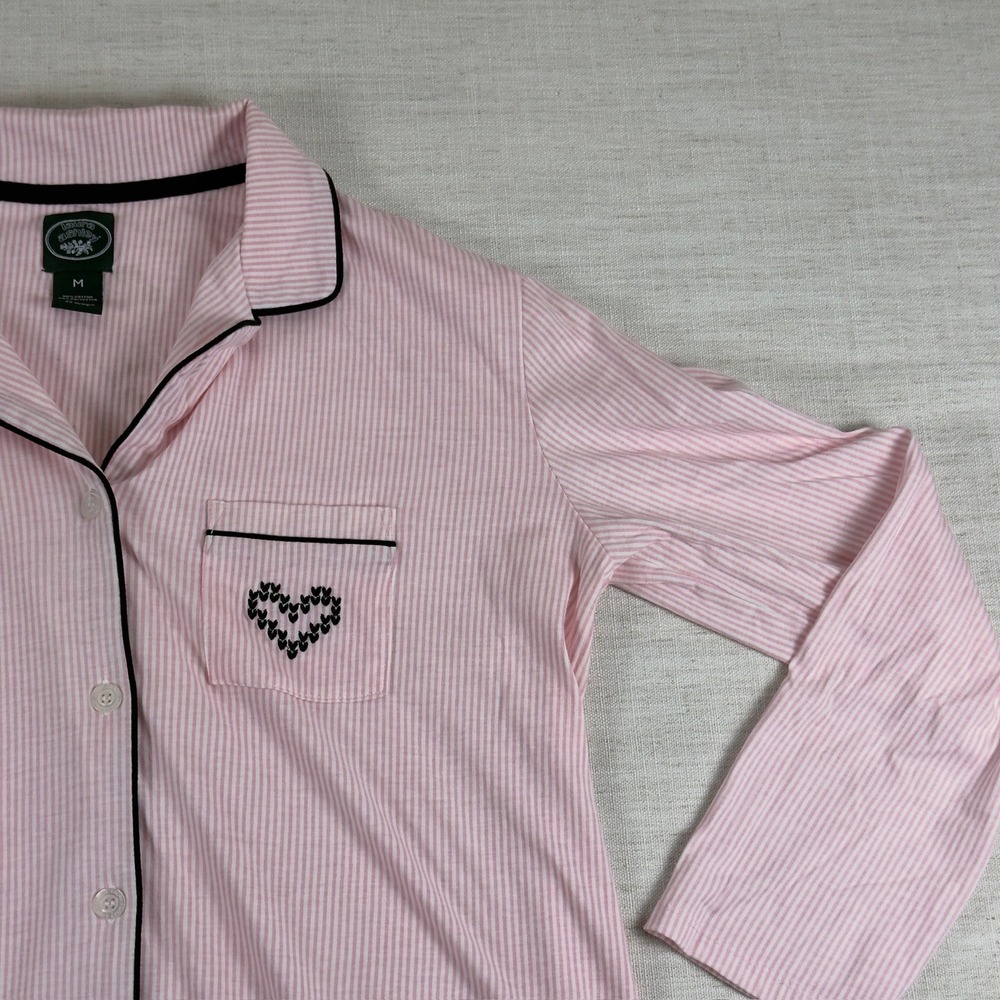 Laura Ashley Pink White Striped Button Down Nightshirt Heart Pocket Medium